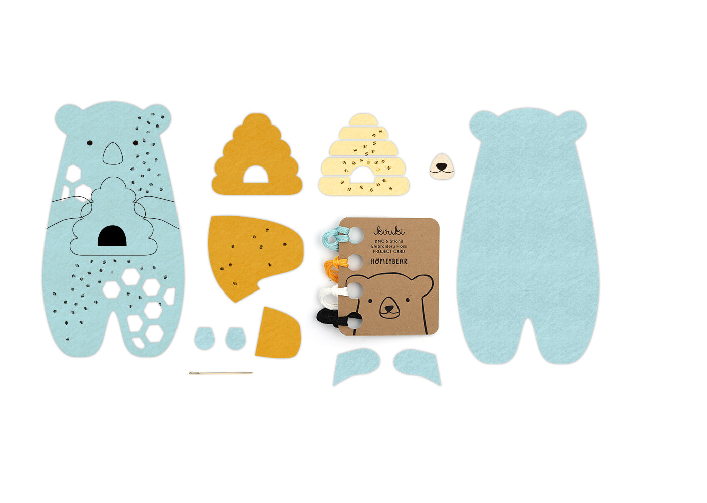 Kit contents with bear shapes and threads on a white background