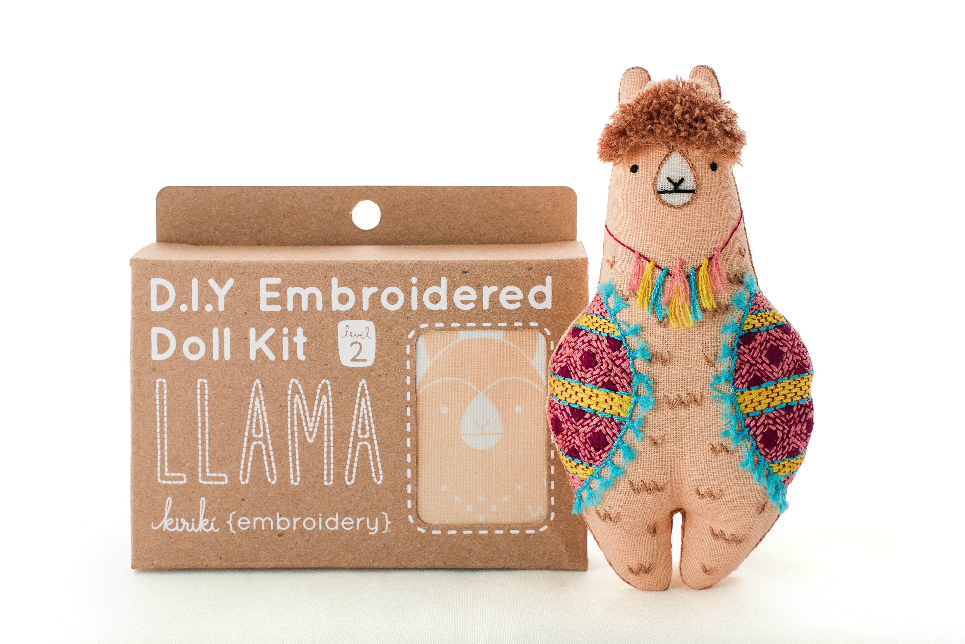 D.I.Y. Embroidered Doll Kit llama toy with cardboard packaging on a white background