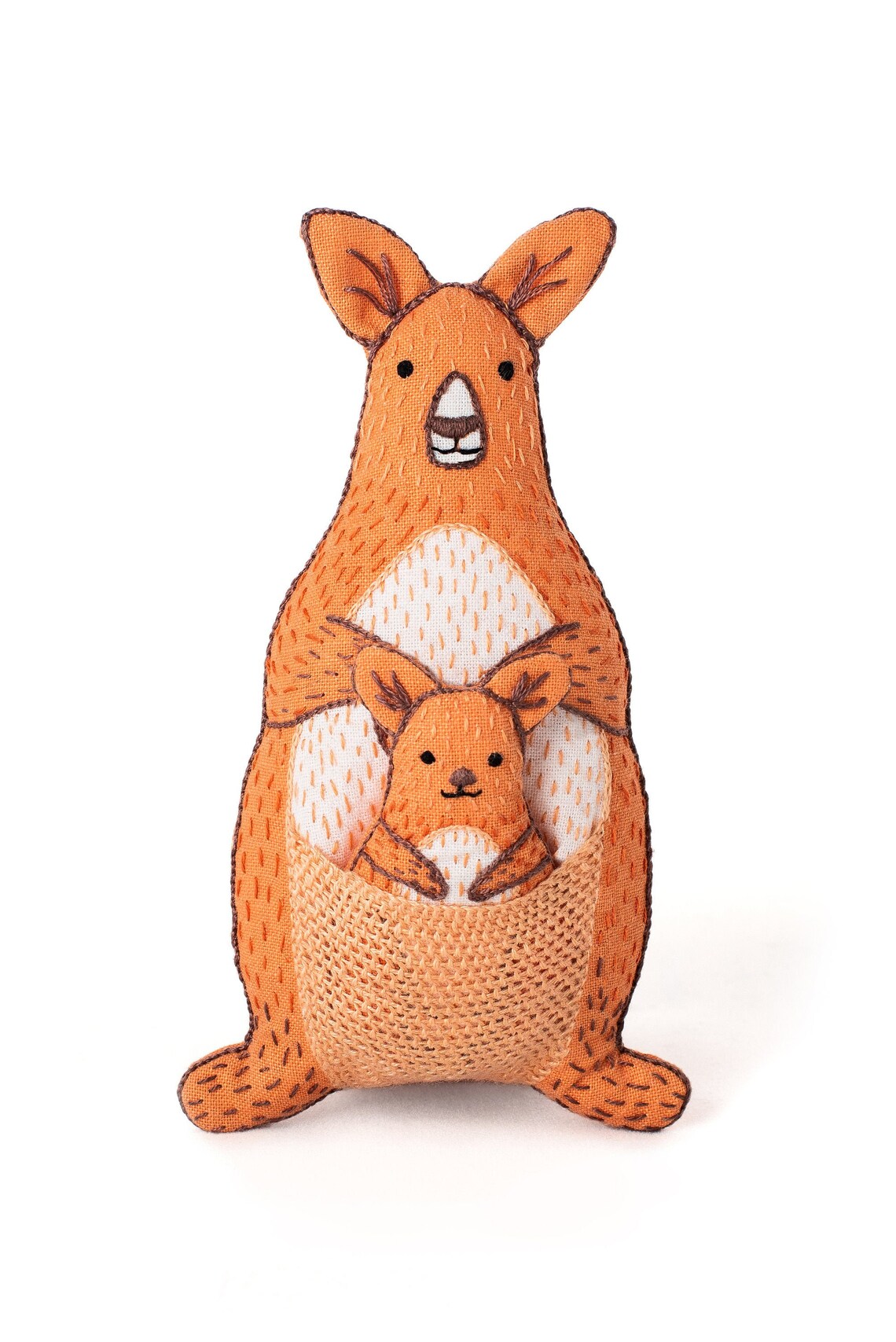Stuffed toy kangaroo with a baby kangaroo inside on a white background