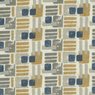 Patterned fabric with geometric design in tan, blue, and gray on a cream background