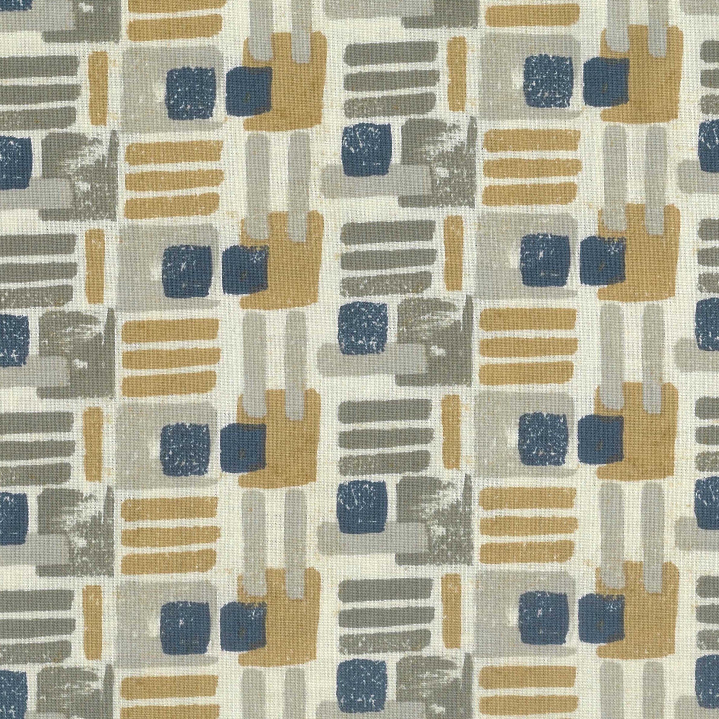 Patterned fabric with geometric design in tan, blue, and gray on a cream background