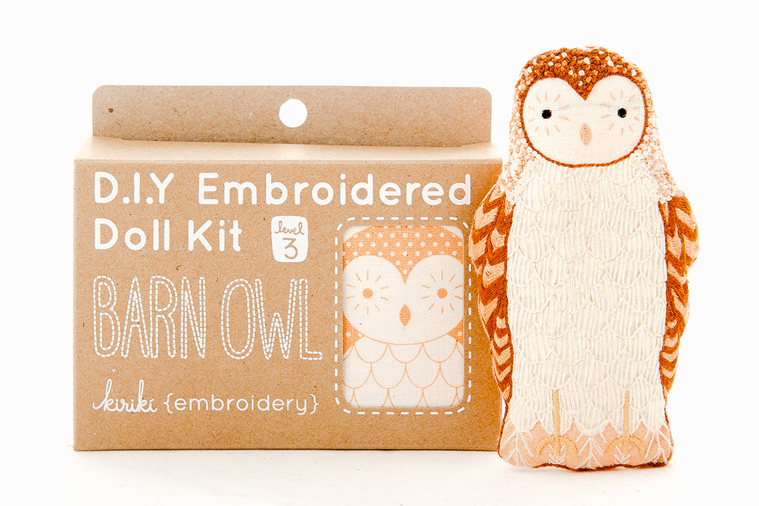 D.I.Y. Embroidered Doll Kit for a barn owl with an embroidered pattern.