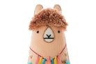 Stuffed toy llama with a fluffy brown top on a white background