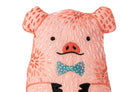 Pink pig plush toy with a bow tie on a white background